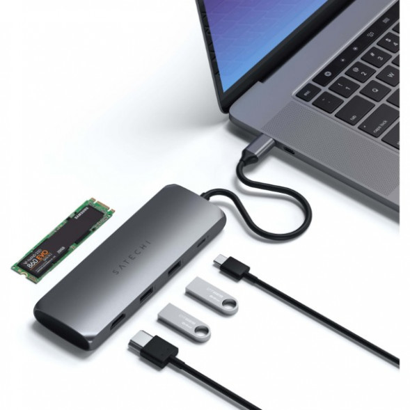 Док-станция Satechi USB-C Hybrid Multiport Adapter (with SSD Enclosure M.2 SATA, 2xUSB 3.1, USB Type-C, HDMI), Серый ST-UCHSEM в Новосибирске